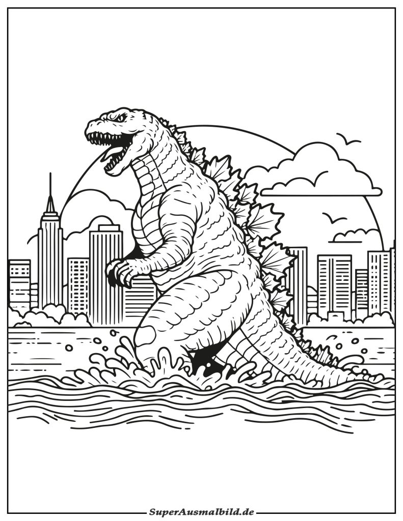 Ausmalbild Godzilla in der Stadt zum Ausdrucken Kostenlos