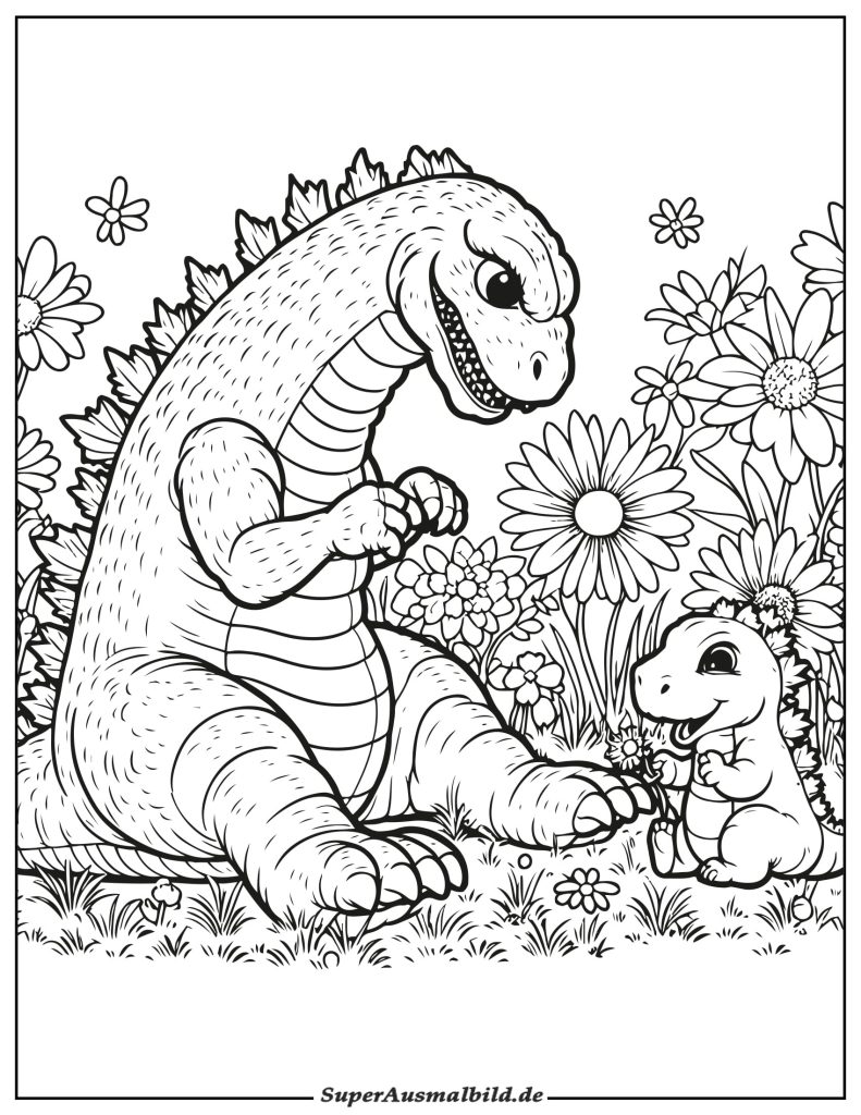 Ausmalbild Godzilla ist glücklich mit seinem Baby für Kinder