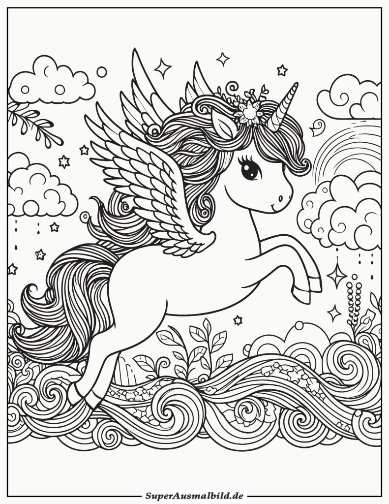 Pegasus Einhorn Ausmalbild zum Ausdrucken - Super Ausmalbilder