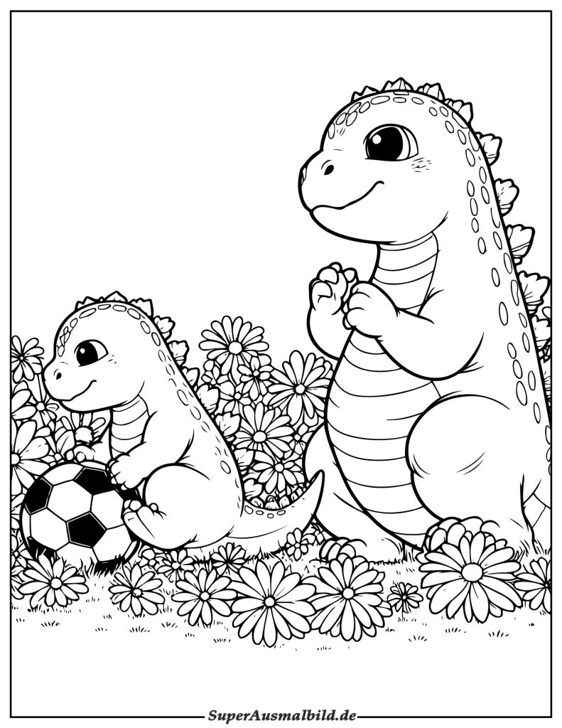 Zwei Baby Godzilla spielen Fußball Ausmalbild zum Ausdrucken