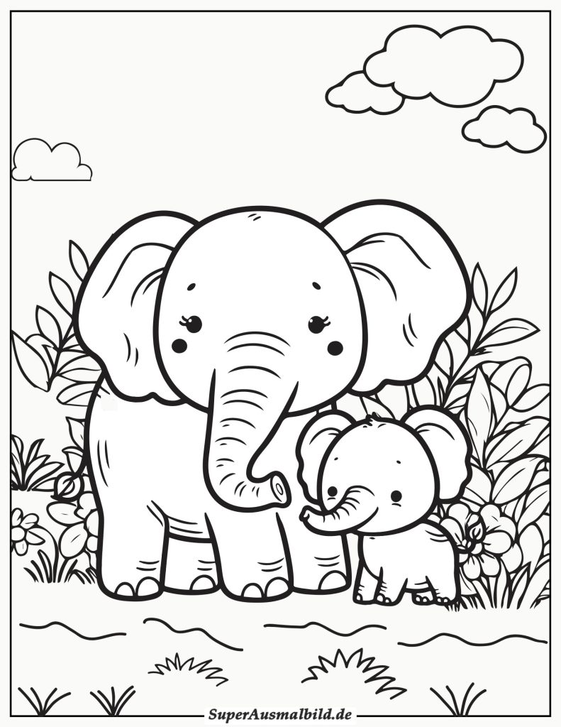 Ausmalbild Elefant Mama und Baby Kostenlos als PDF