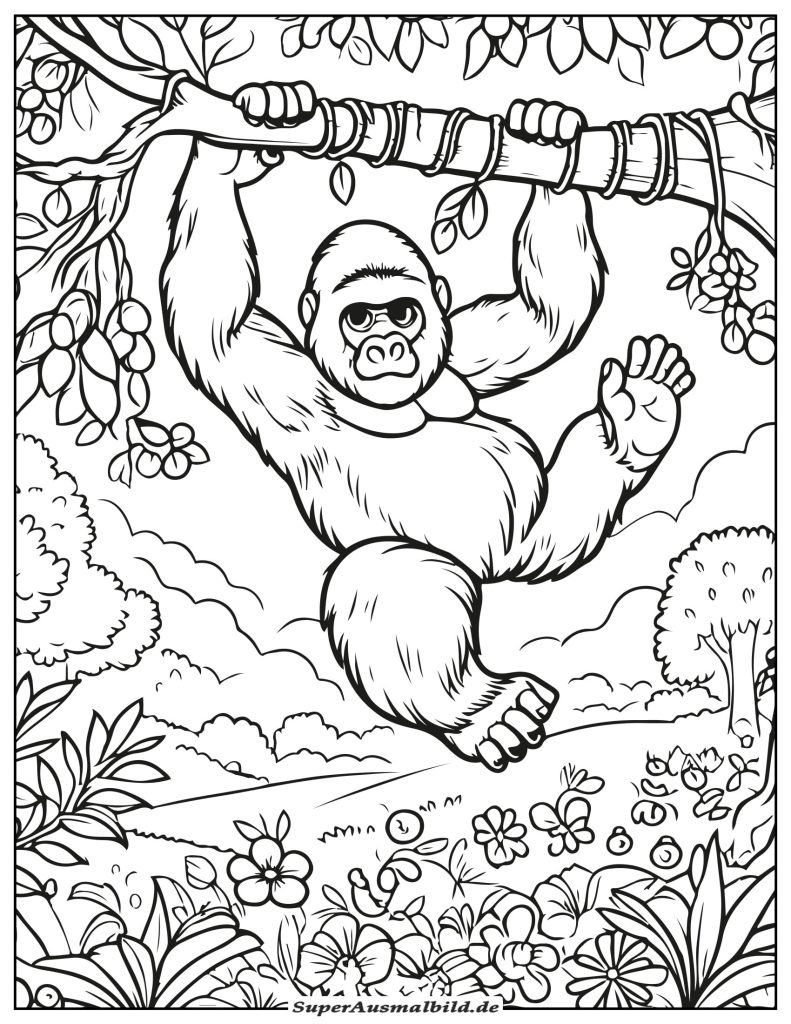 Ausmalbild Gorilla Baum Hängend zum Ausdrucken Herunterladen