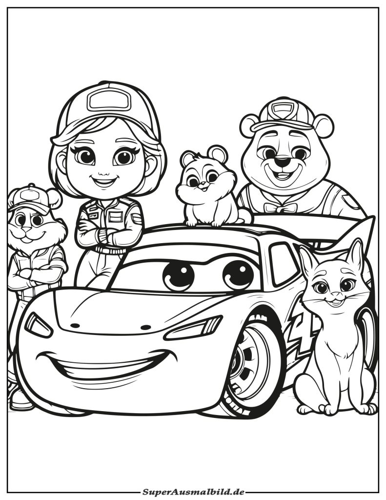 Ausmalbild Lightning McQueen mit Tiere Freunden zum Ausdrucken Kostenlos