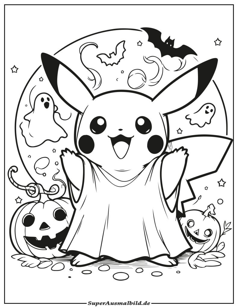 Ausmalbild Pikachu mit Halloween zum Ausdrucken