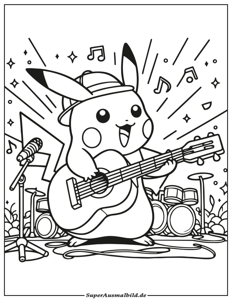 Ausmalbild Pikachu Musik Konzert zum Ausdrucken als PDF