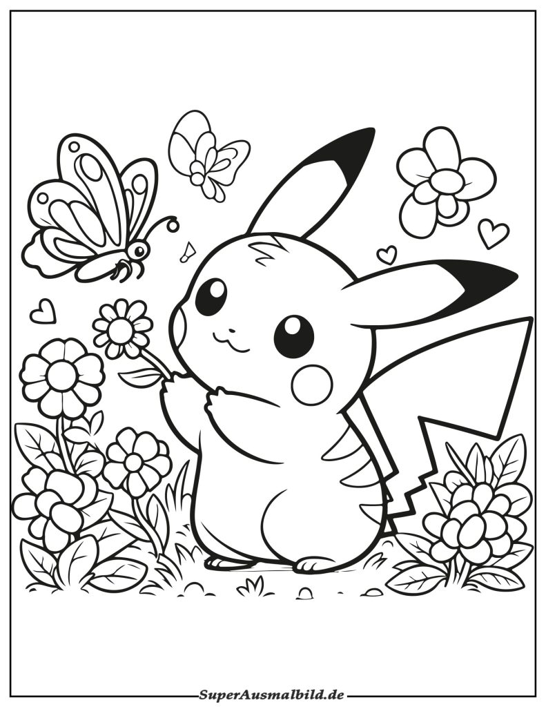 Ausmalbild Pikachu mit Schmetterling Kostenlos zum Ausdrucken