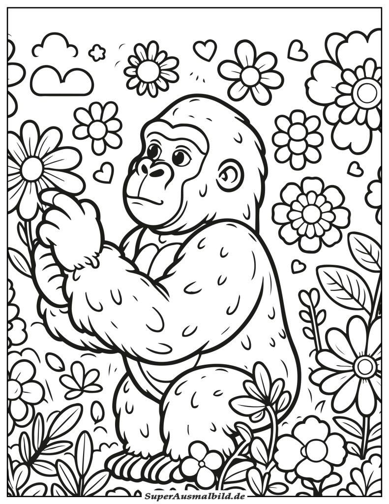 Malvorlage Gorilla mit Blume