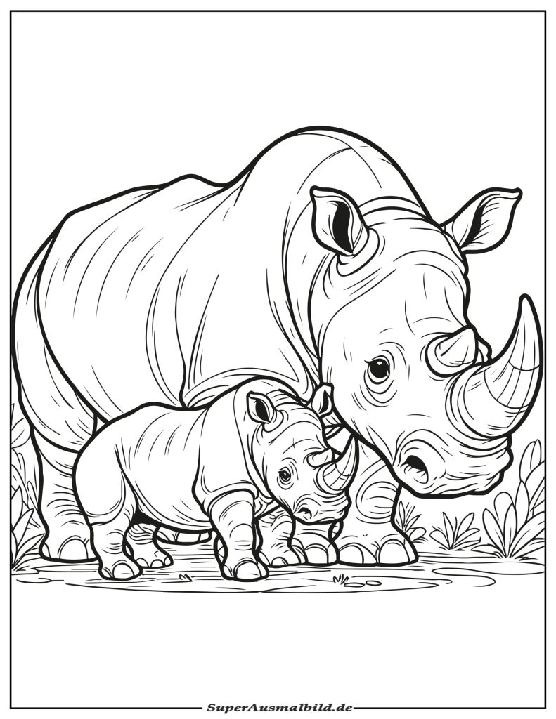 Kleiner Nashorn mit Mama Nashorn Malvorlagen zum Ausdrucken