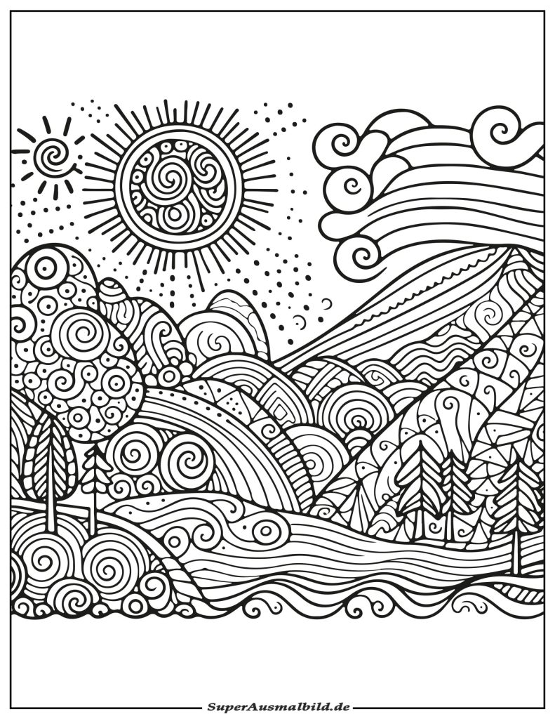 Ausmalbild Landschaft Zentangle