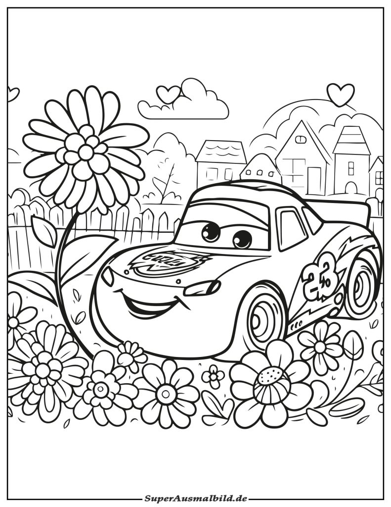 Malvorlage Lightning McQueen und Blumen zum Ausdrucken