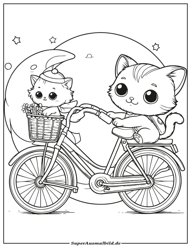 Ausmalbild Fahrrad mit Süße Katze