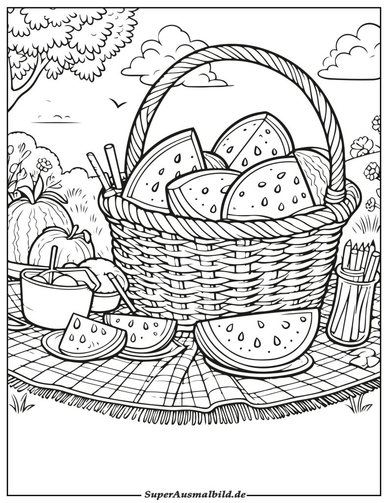 Picknick mit Wassermelone Ausmalbild zum Ausdrucken Kostenlos