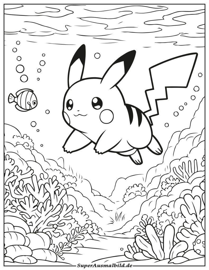 Ausmalbild Pikachu Unterwasser zum Ausdrucken und Downladen