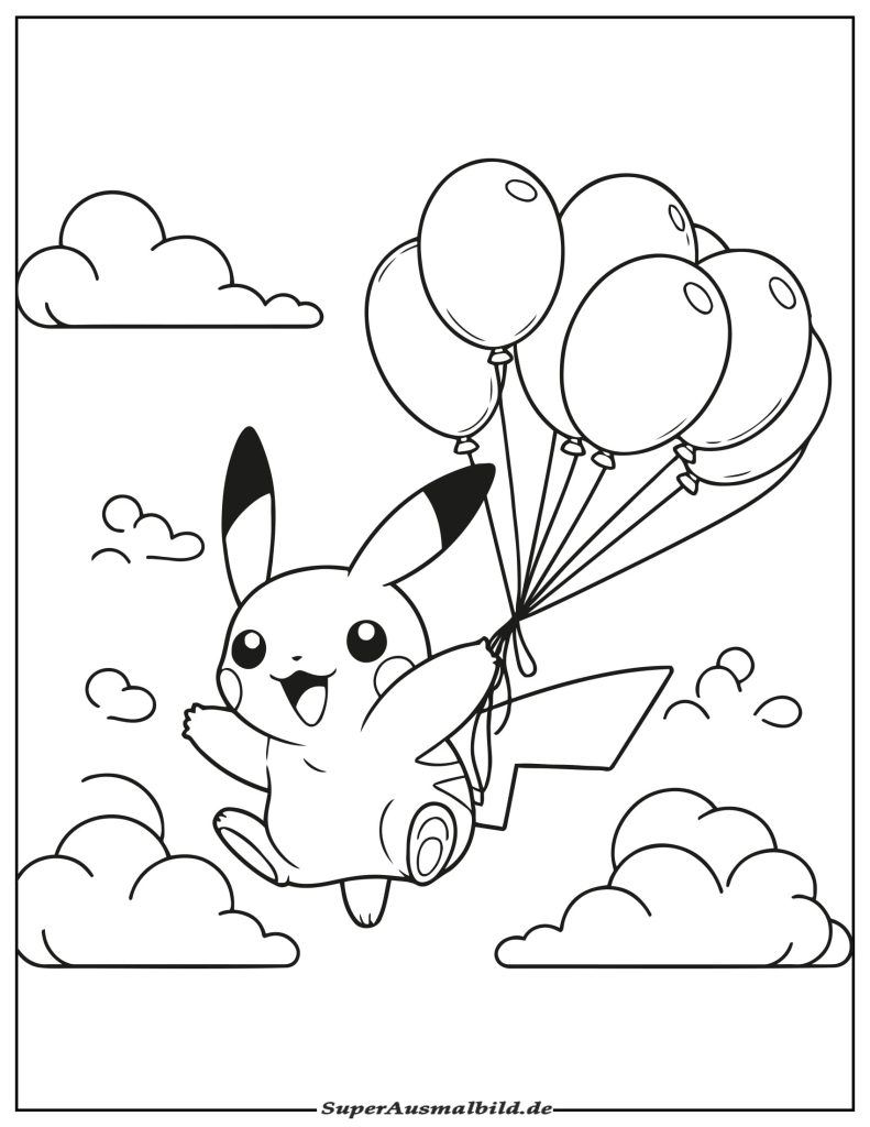 Ausmalbild Pikachu Ballonfahrt Kostenlos zum Ausdrucken