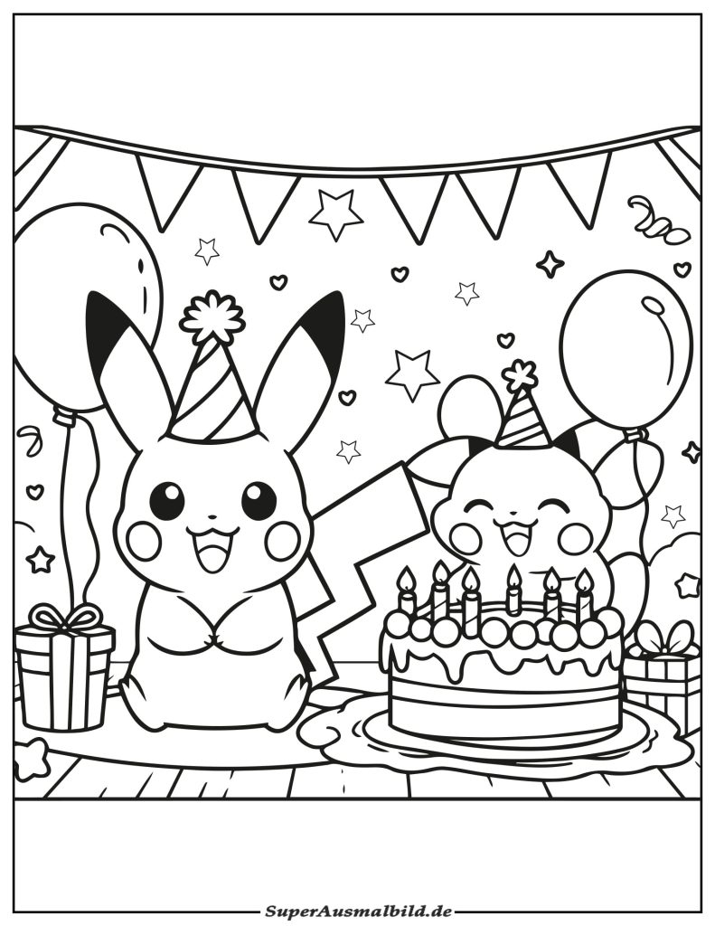 Ausmalbild Pikachu Geburtstagsparty zum Ausdrucken