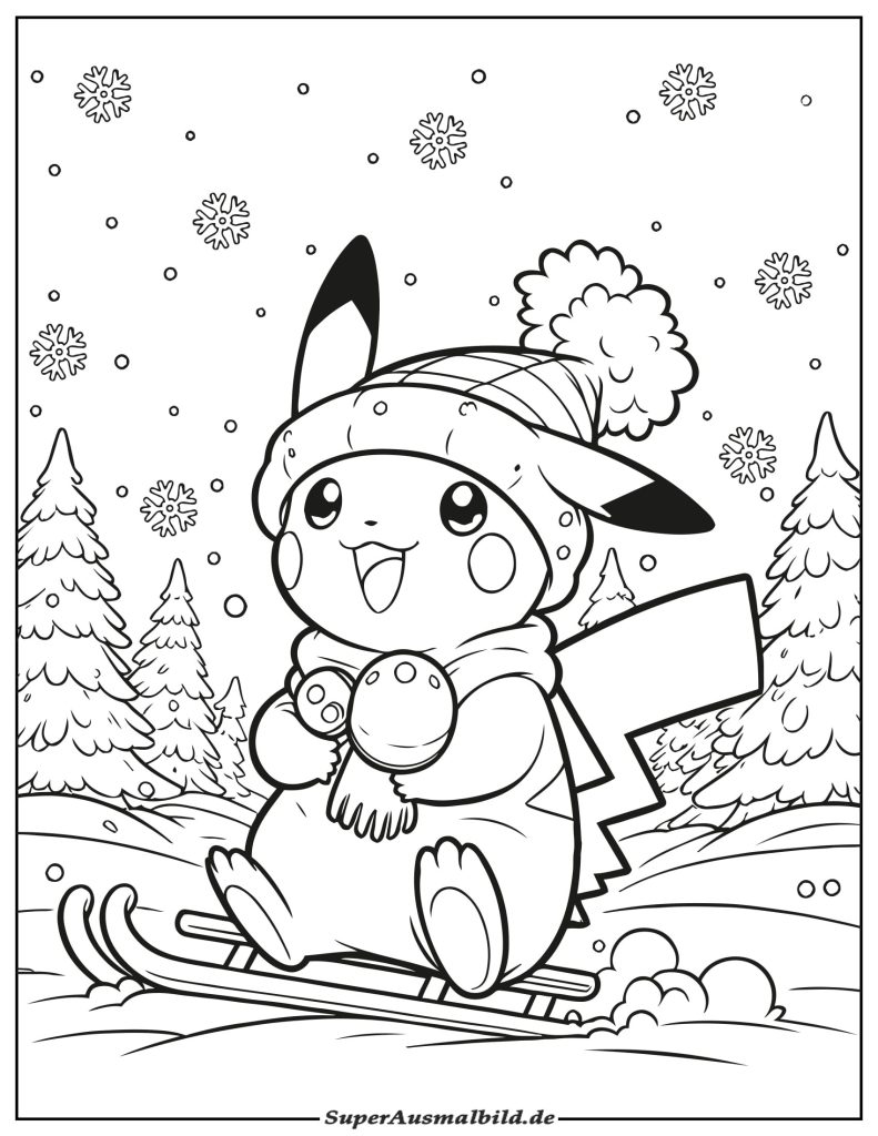 Ausmalbild Pikachu Winter