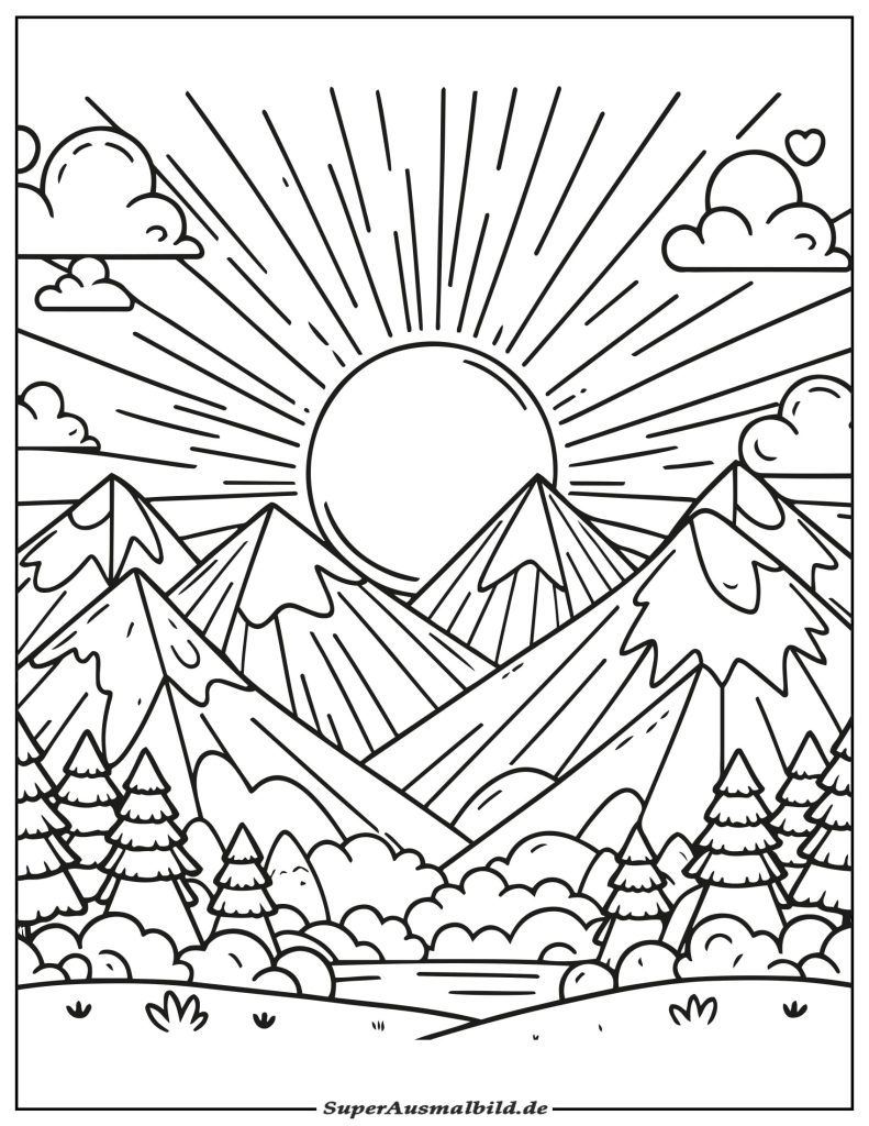 Ausmalbild Sonnenaufgang über den Bergen zum Ausdrucken