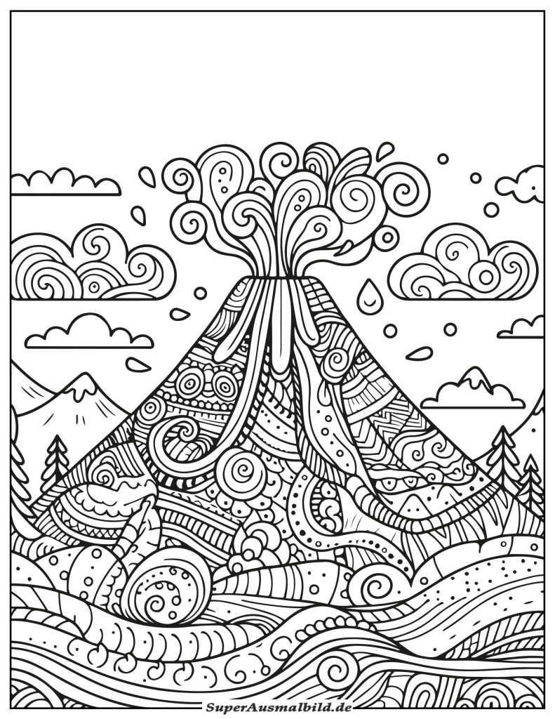 Volcano Zentangle Ausmalbild zum Ausdrucken Herunterladen