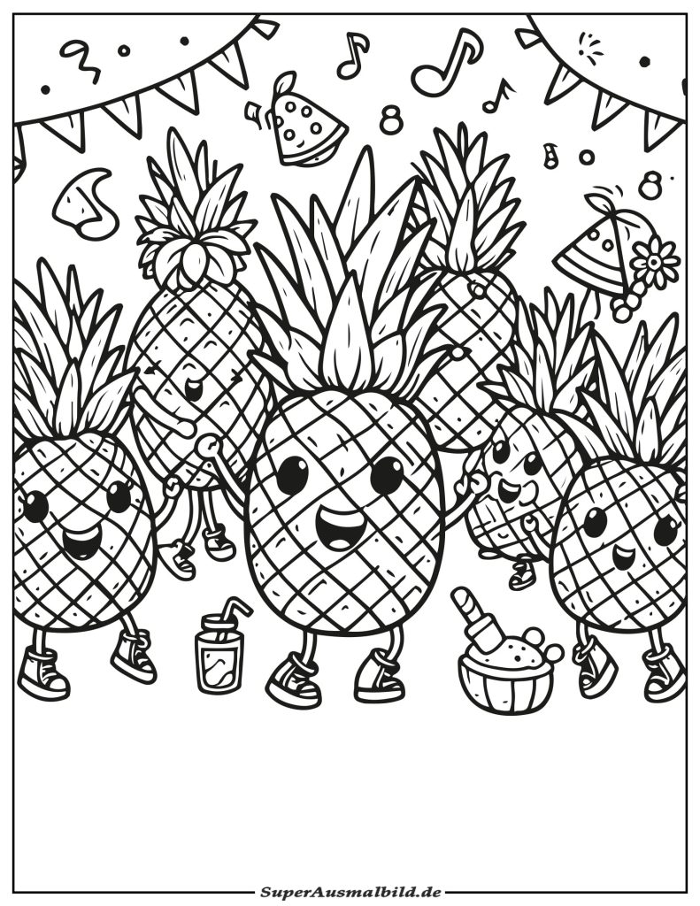 Ausmalbild Ananas Party zum Ausdrucken und Herunterladen