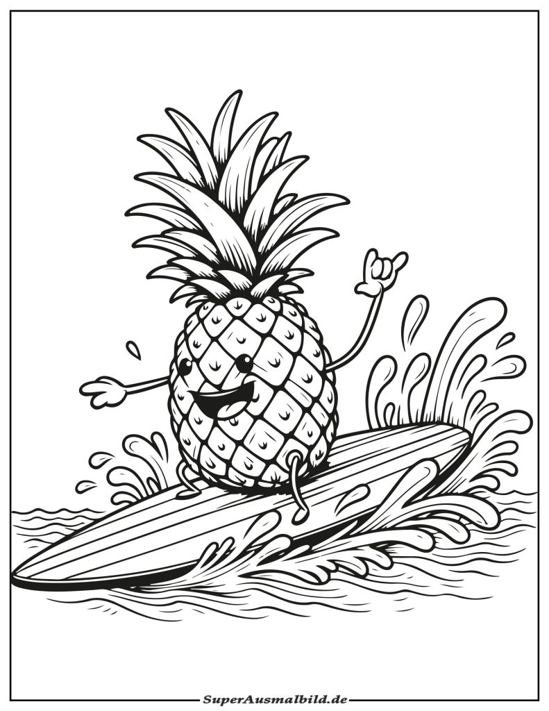 Ausmalbild Ananas und Surfbrett Kostenlos zum Ausdrucken