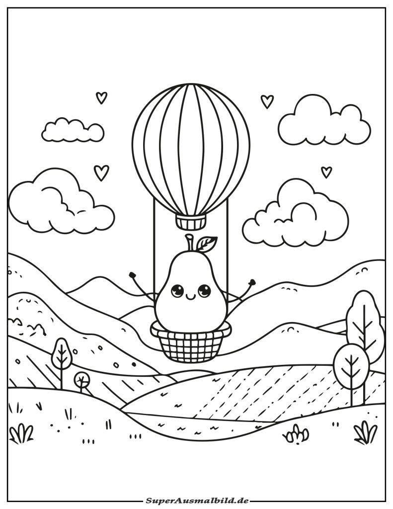 Ausmalbild Birne im Heißluftballon